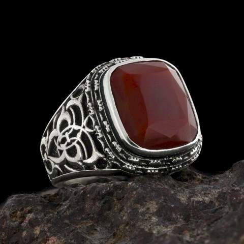 Tasarım Kırmızı Akik Taşlı Gümüş Yüzük, 925 Ayar Gümüş Erkek Kırmızı Akik Taşlı Yüzük