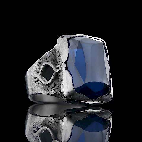 Safir Taşlı Özel Tasarım Motifli Gümüş Erkek Yüzük, Erkek Safir Gümüş Yüzük