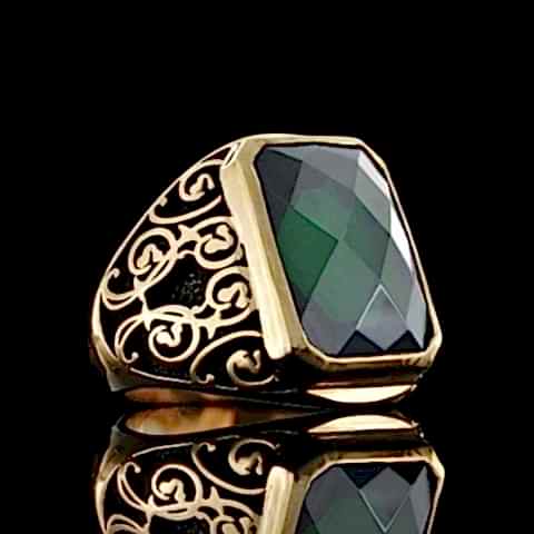 Tourmaline Floral Desenli 925 Ayar Gümüş Erkek Yüzük, Tourmaline Yüzük
