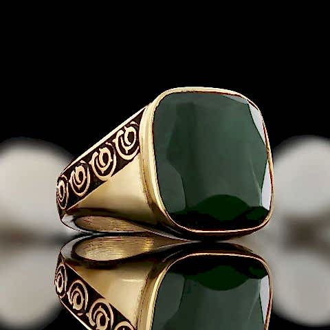 Yeşil Akik Taşılı Gümüş Erkek Yüzük, El Yapımı Gümüş Yüzük