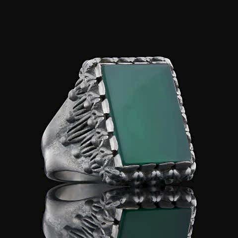 Yeşil Akik Taşlı 925 Ayar Gümüş Erkek Yüzük, Yeşil Akik Özel Tasarım Yüzük