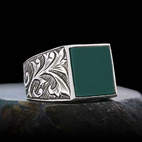 Yeşil Akik Taşlı 925 Ayar Gümüş Yüzük, Yeşil Akik Yüzük, Gümüş Erkek Yeşil Akik Yüzük