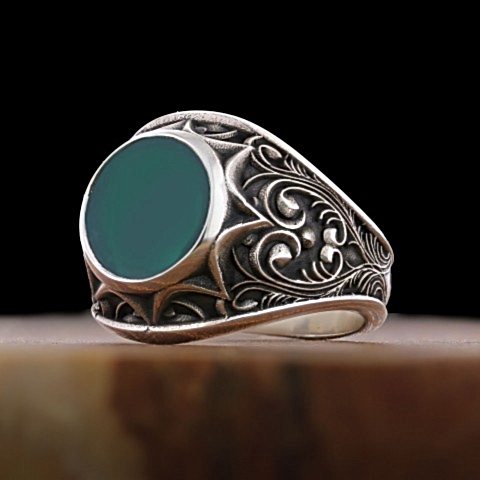 Yeşil Akik Taşlı Doğal Yüzük, Gümüş Erkek Yeşil Akik Taşlı Yüzük, Yeşil Akik Taşlı 925 Ayar Gümüş Yüzük