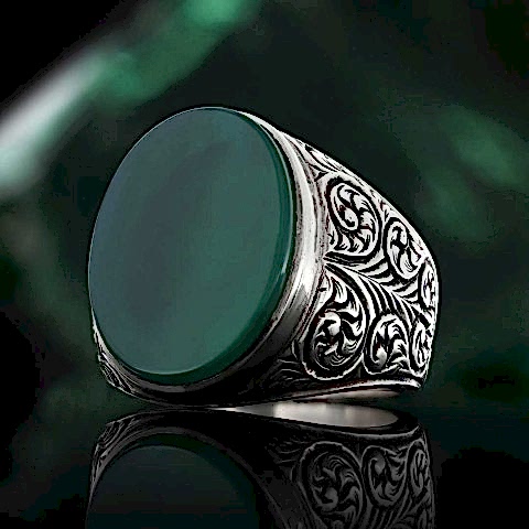 Yeşil Akik Taşlı Erkek Gümüş Motifli Yüzük, Yeşil Akik Taşlı Gümüş Yüzük