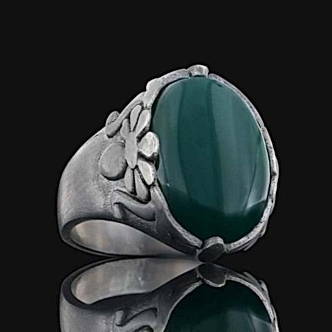 Yeşil Akik Taşlı Gümüş Erkek Yüzük, Oval Yeşil Akik Taşlı Yüzük