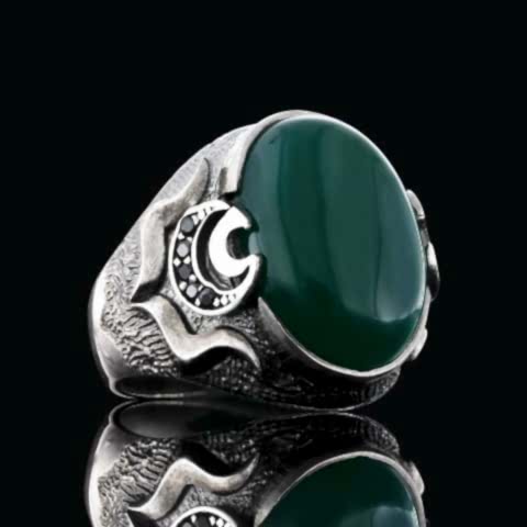 Yeşil Akik Taşlı Özel Tasarım Gümüş Erkek Yüzük