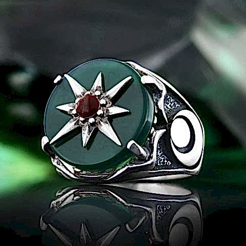 Yıldız Motifli Yeşil Akik Gümüş Erkek Yüzük, Yeşil Akik Yüzük